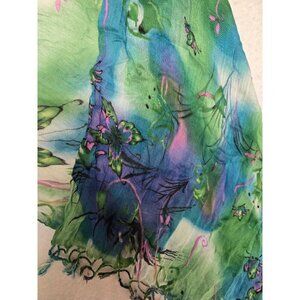 Hand-Painted Rayon Scarf‎ Butterfly & Floral Design Green & Blue 60" x 22"